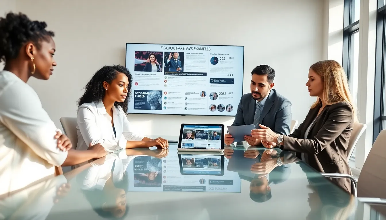 diverse team discussing social media and fake news in an office.