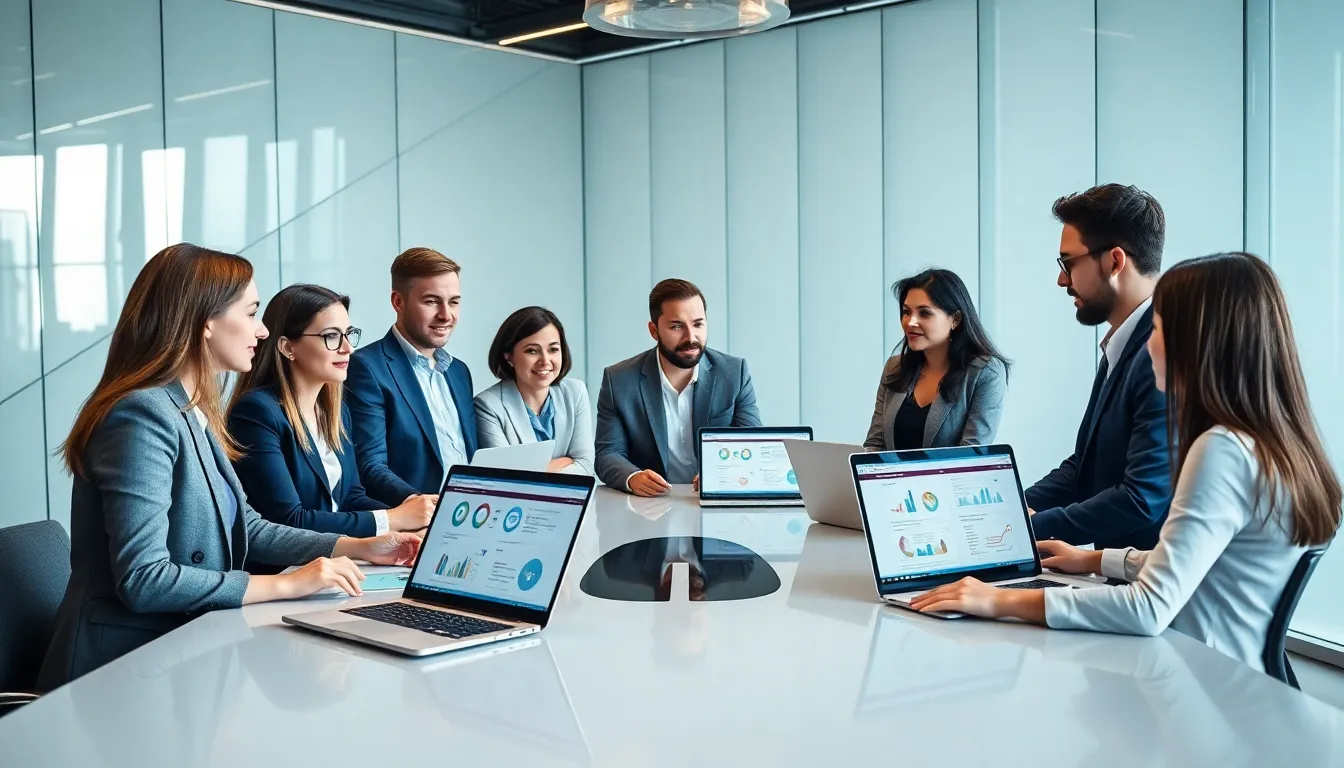diverse professionals discussing software solutions in a modern office.