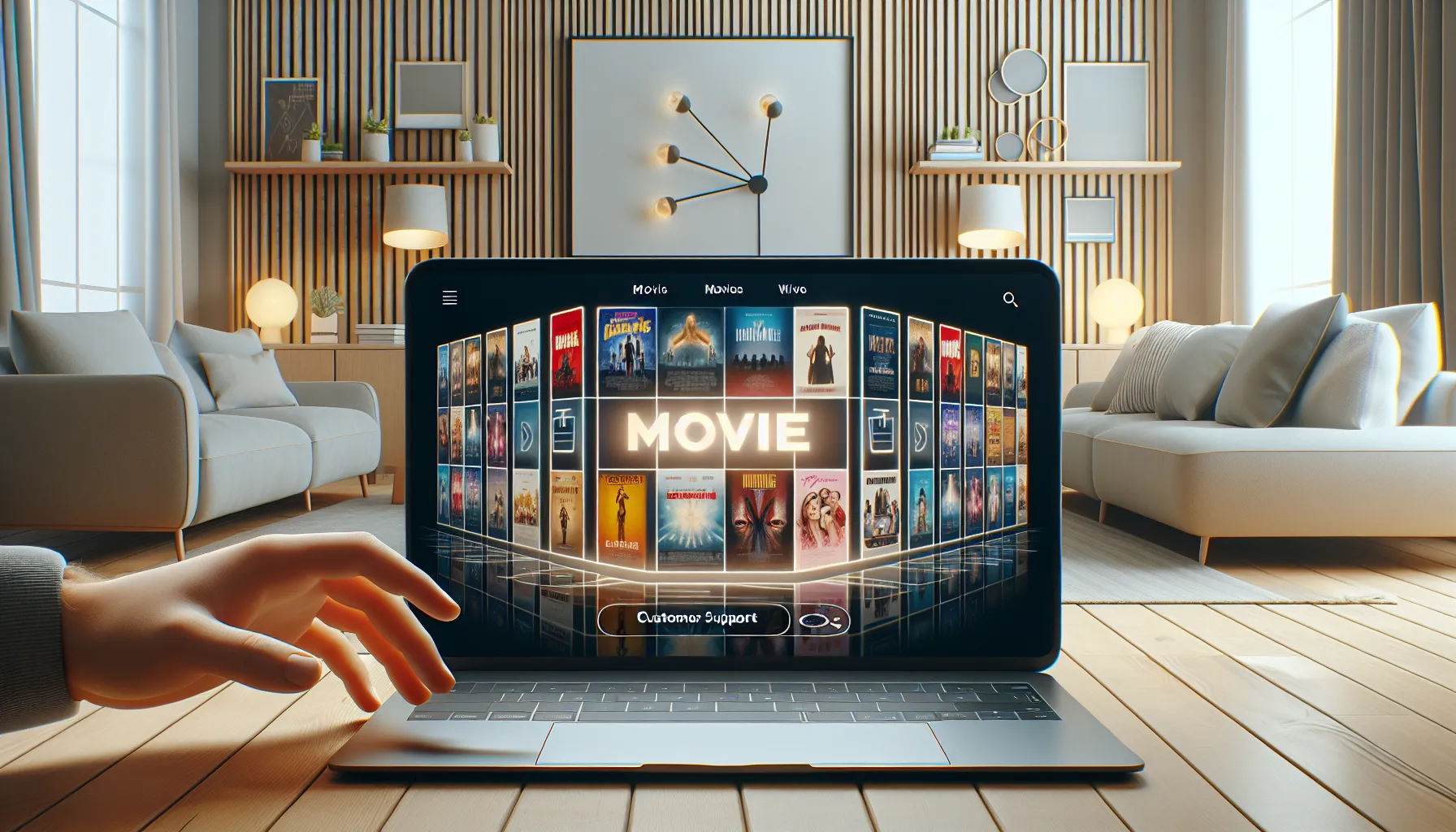 modern movie streaming interface on a laptop in a cozy setting.