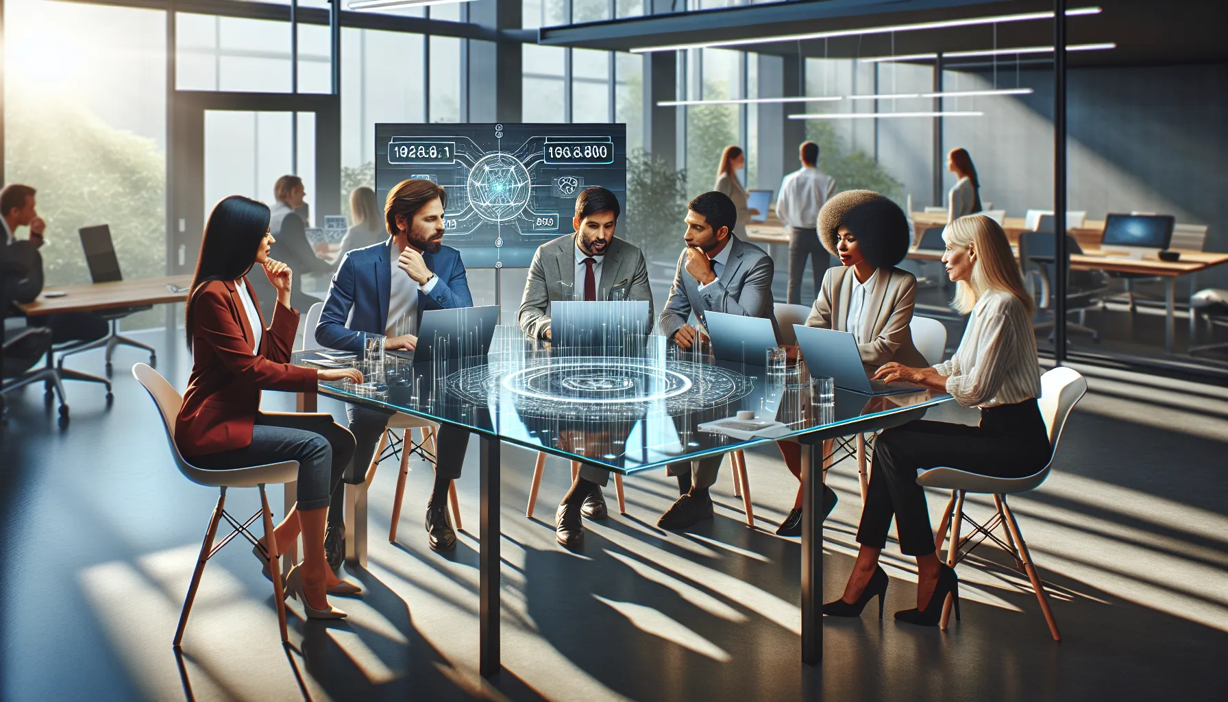 professionals discussing network management in a modern office setting.