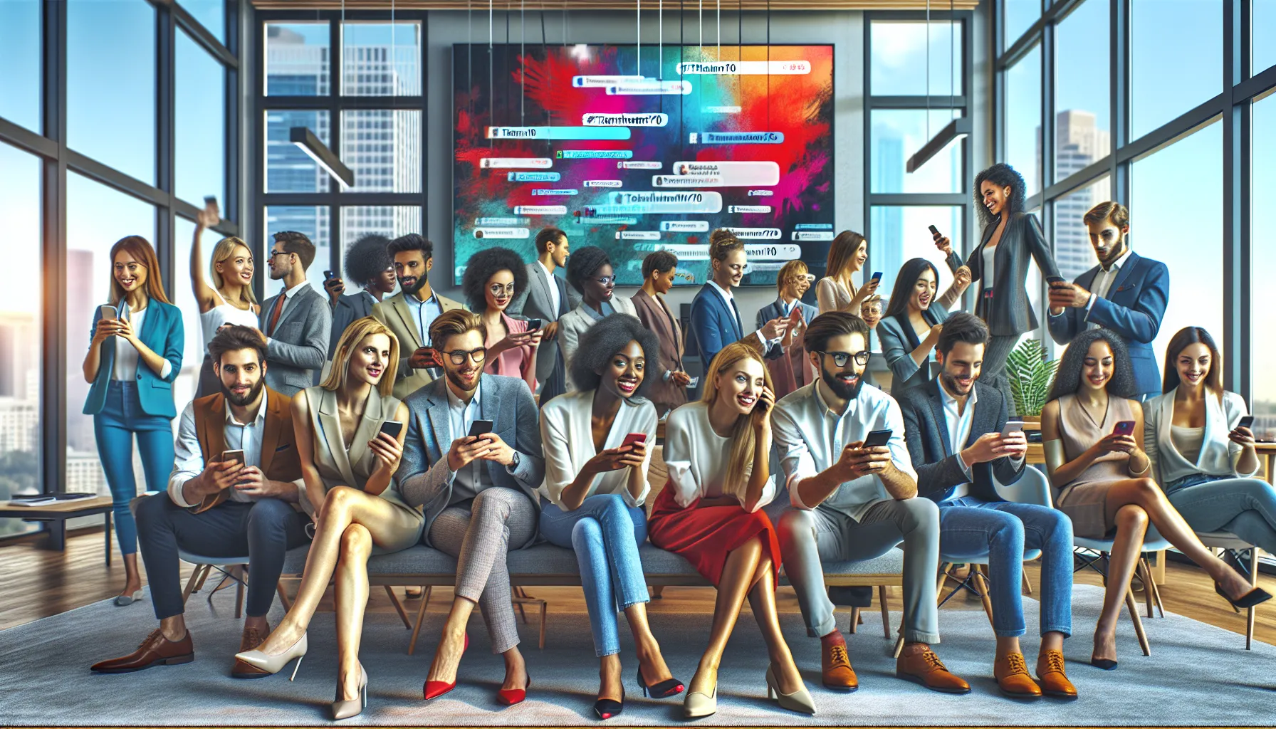 diverse team engaging with social media trends in a modern office.