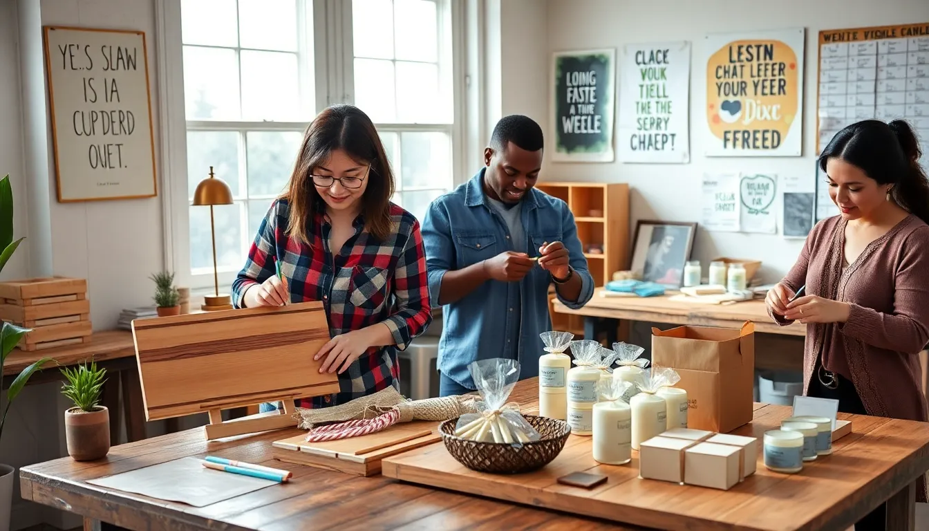 diverse individuals working on various DIY projects in a modern workspace.