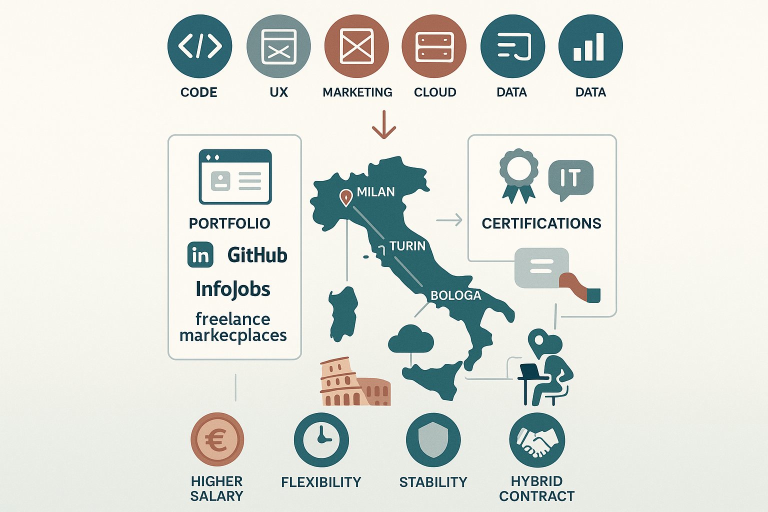 Diagramma di flusso dei passi verso lavori IT e tech remoti in Italia