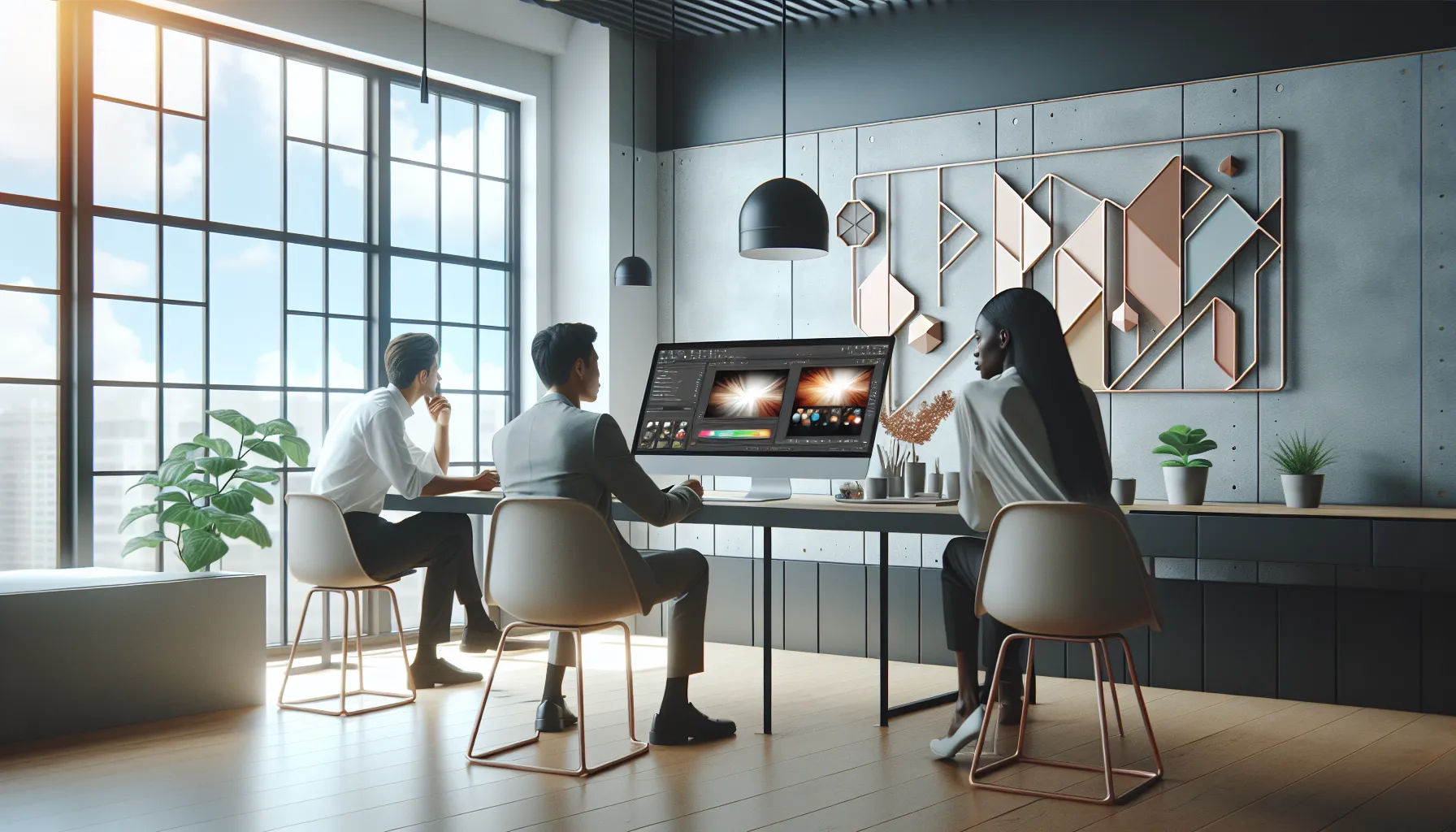 diverse team reviewing image enhancements on a laptop in a modern office.