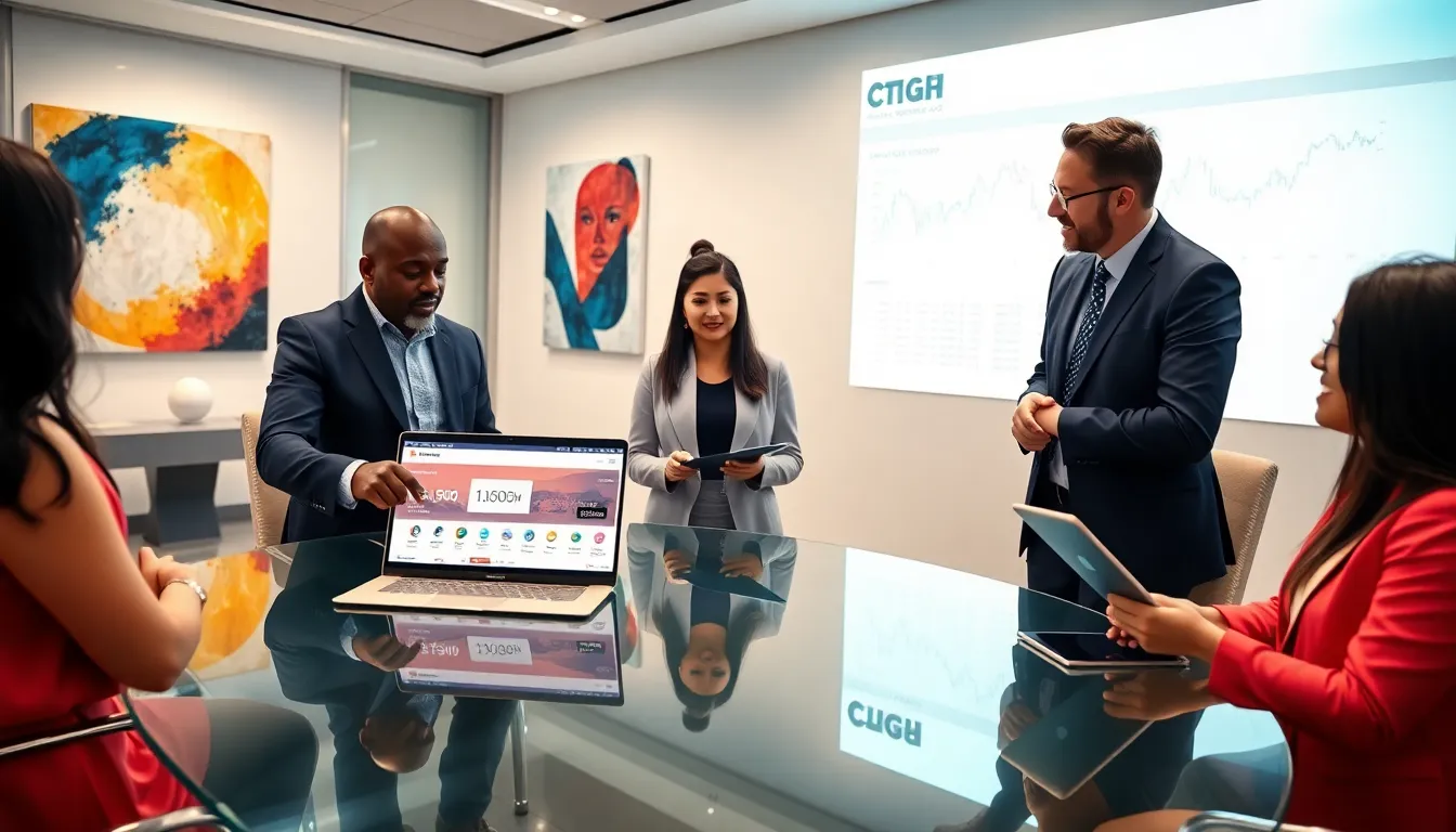 diverse traders discussing cryptocurrency at a modern conference table.