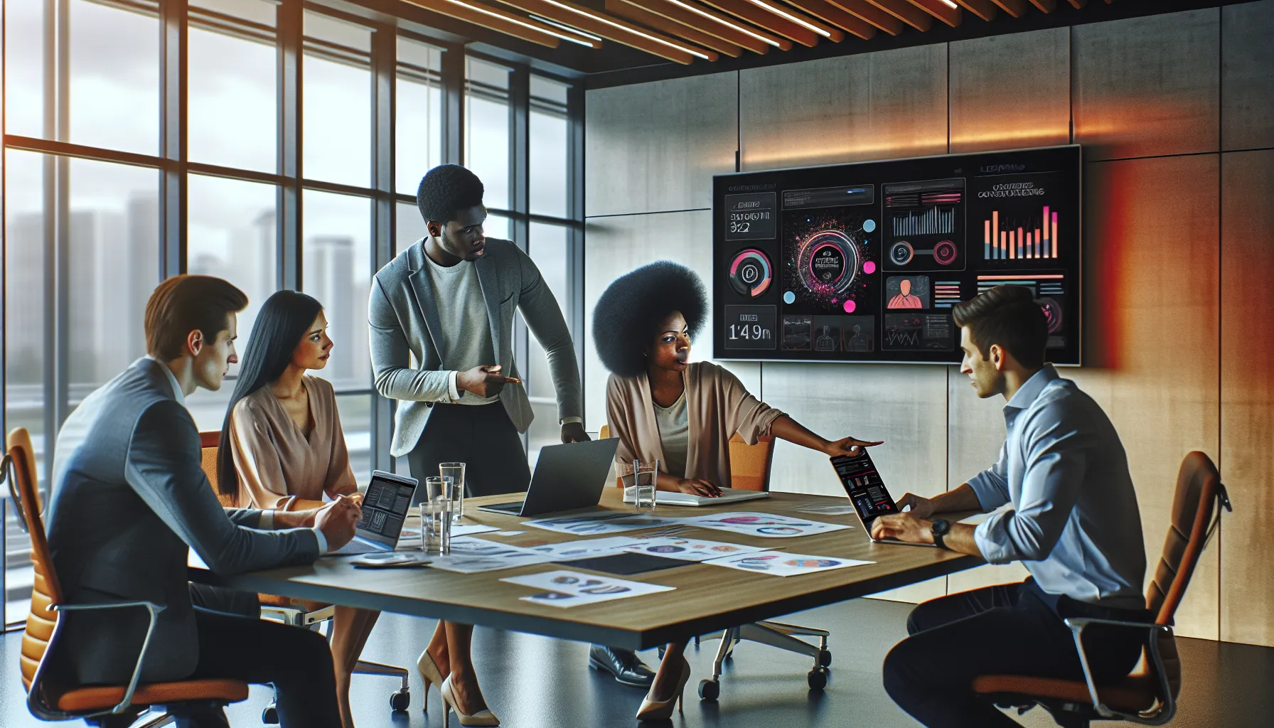 diverse team discussing Jopalosya1 features in a modern office.