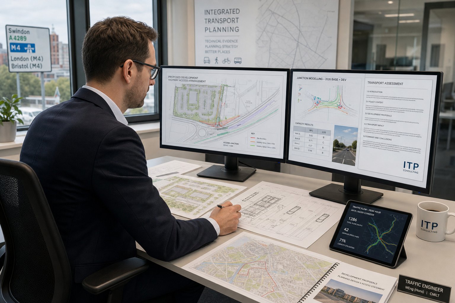 Traffic engineer reviewing planning and highway layouts in a modern office.