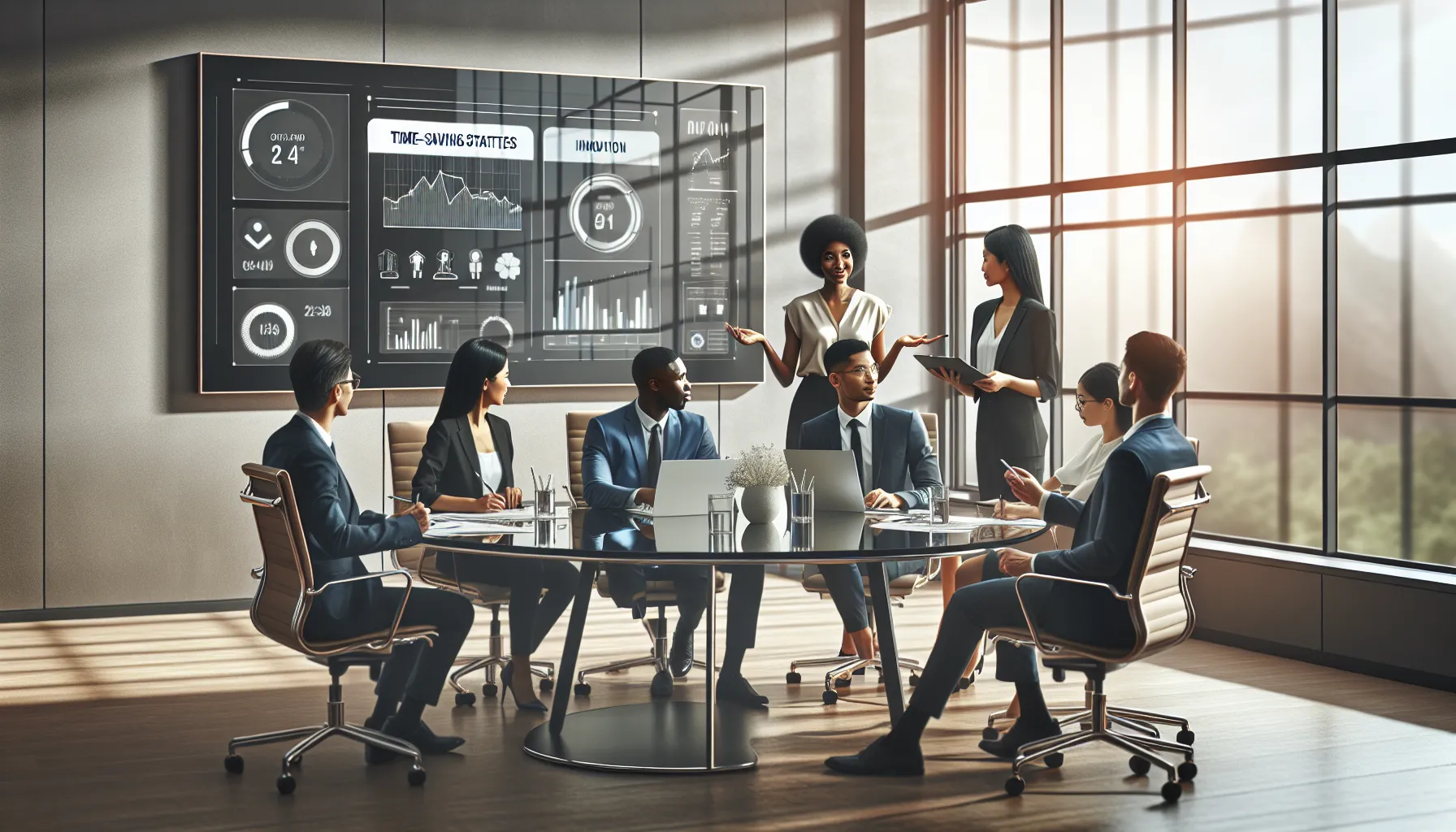 diverse team discussing business efficiency in a modern office setting.