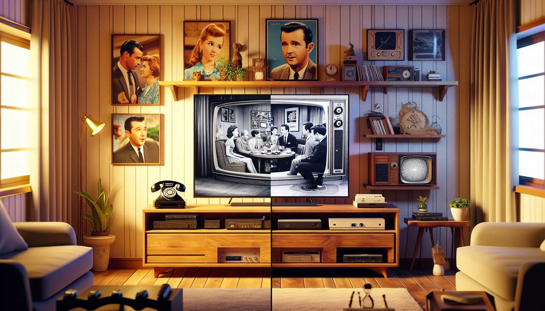 A TV displays contrasting classic and modern show scenes in a nostalgic living room.