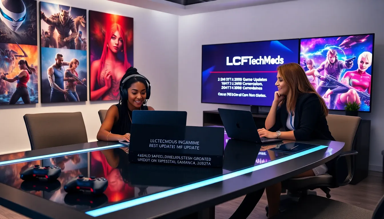 diverse gaming professionals discussing updates in a modern workspace.