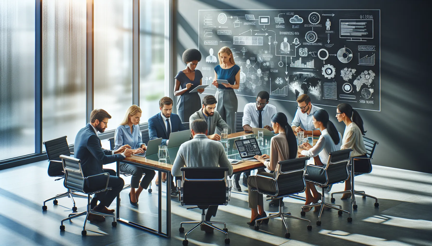 diverse team collaborating in a modern office on data technology projects.
