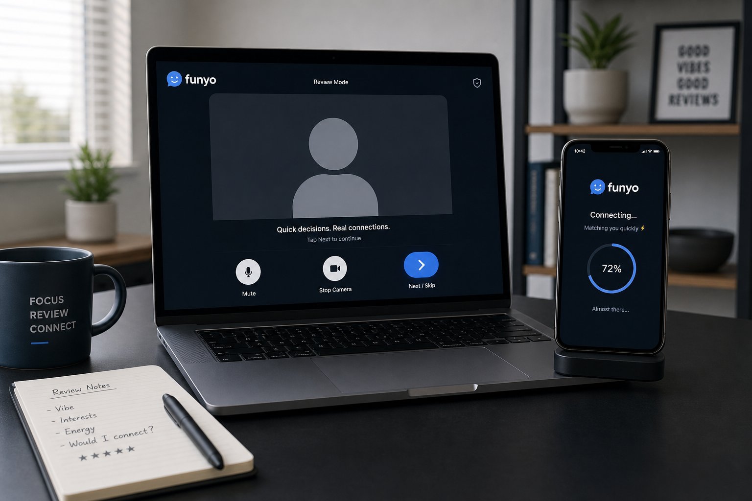Laptop showing simple video chat with prominent next button and basic controls.