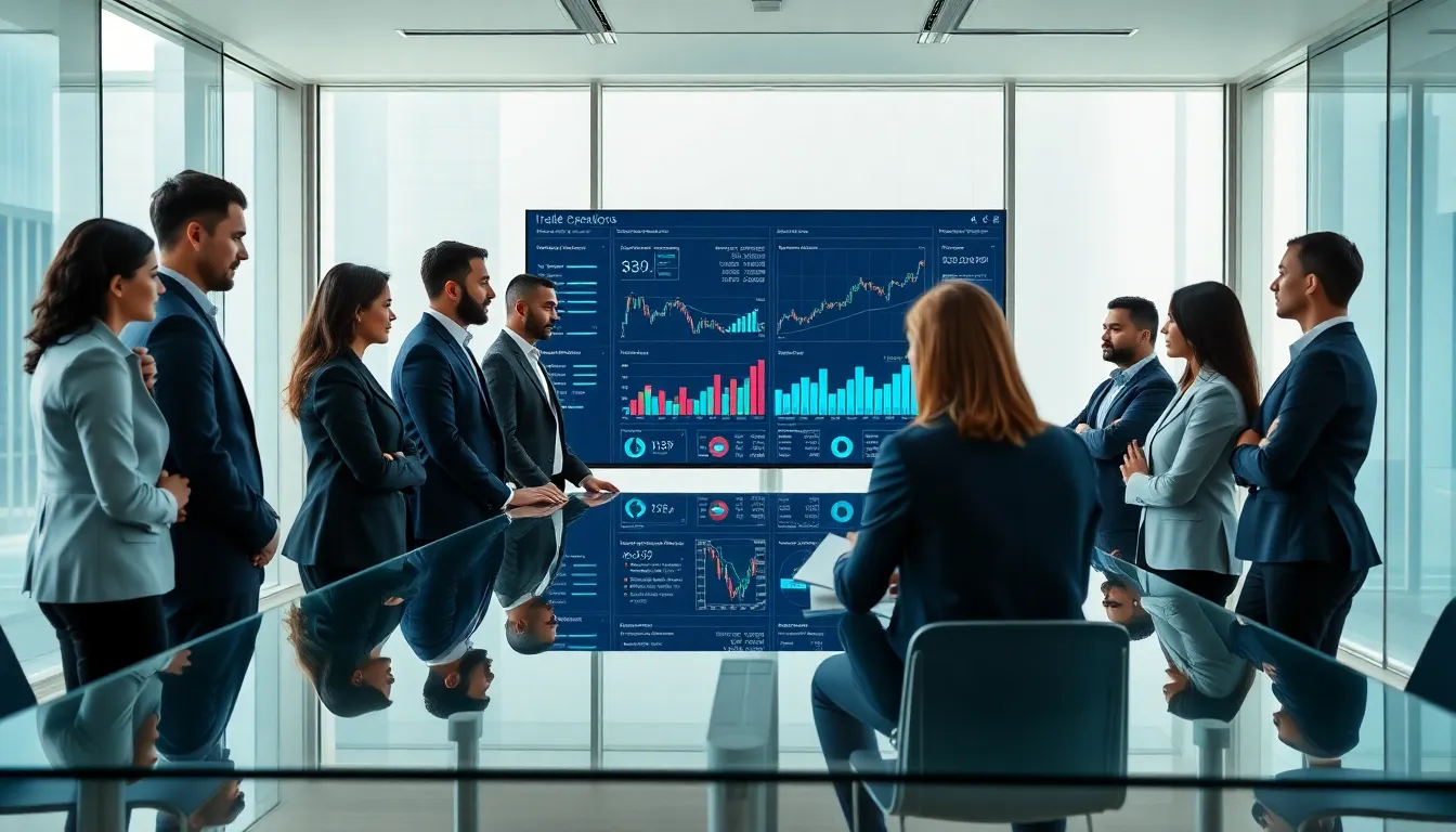 diverse team collaborating in a modern office on trade solutions.