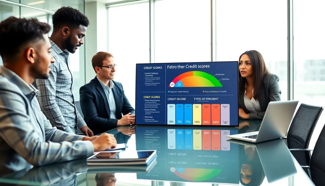 diverse team discussing credit scores in a modern office.
