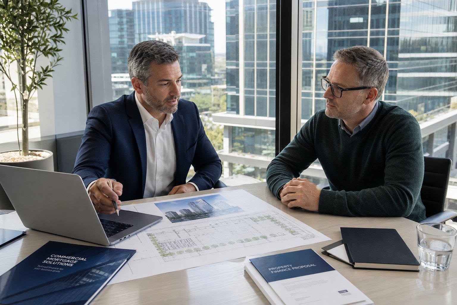 Commercial mortgage consultation in a modern office with city views, property plans, and a professional meeting atmosphere.