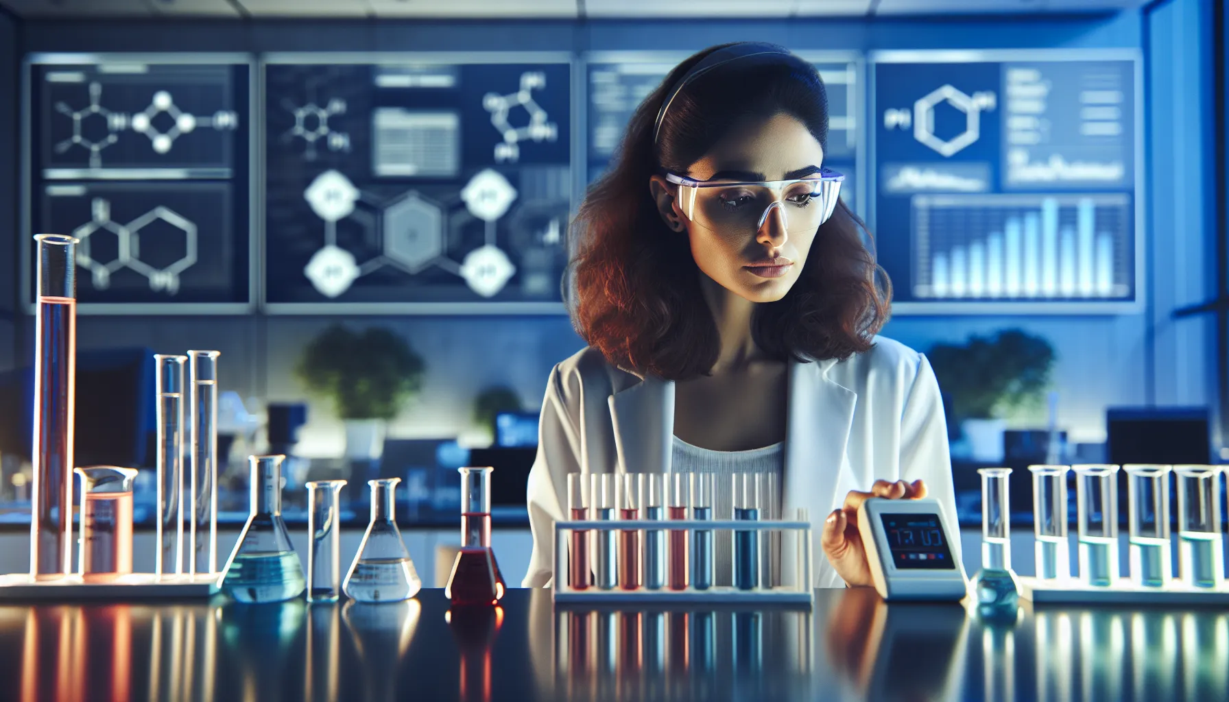 A scientist in a lab compares pH and pOH measurements.
