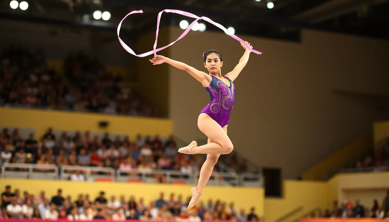 A young rhythmic gymnast performing with a ribbon in a vibrant competition setting.