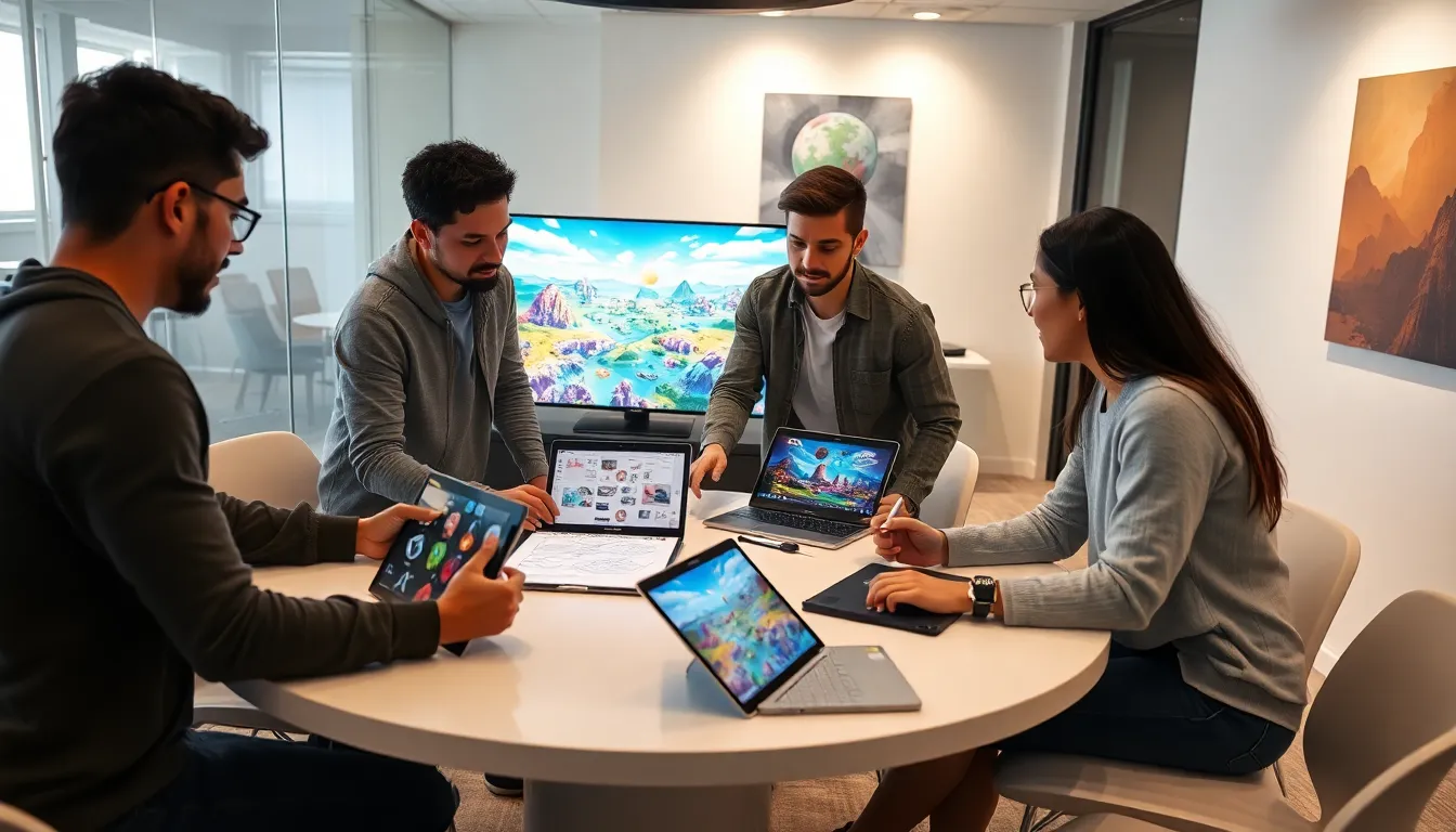 a diverse team collaborating on game design in a modern office.