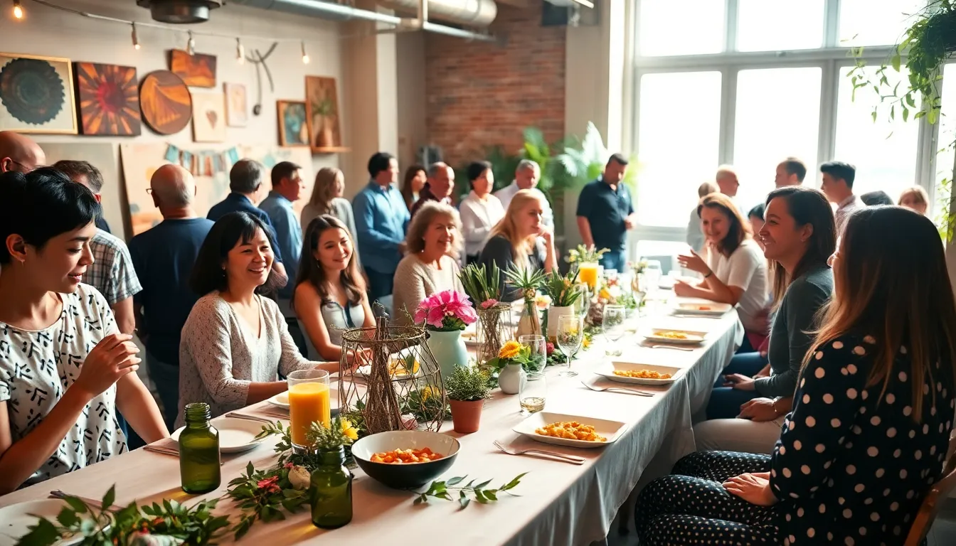 diverse guests enjoying a creative, budget-friendly event in a cozy setting.