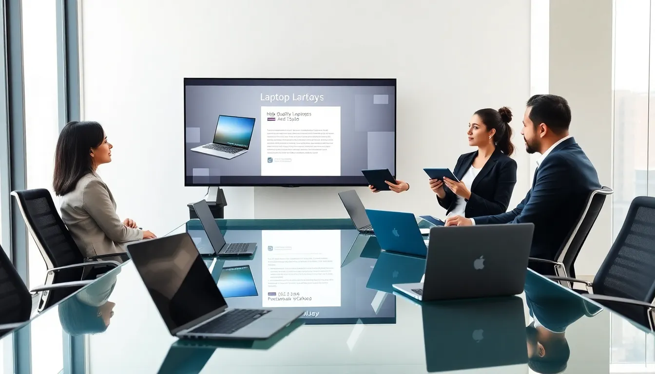 diverse team discussing laptops in a modern office setting.