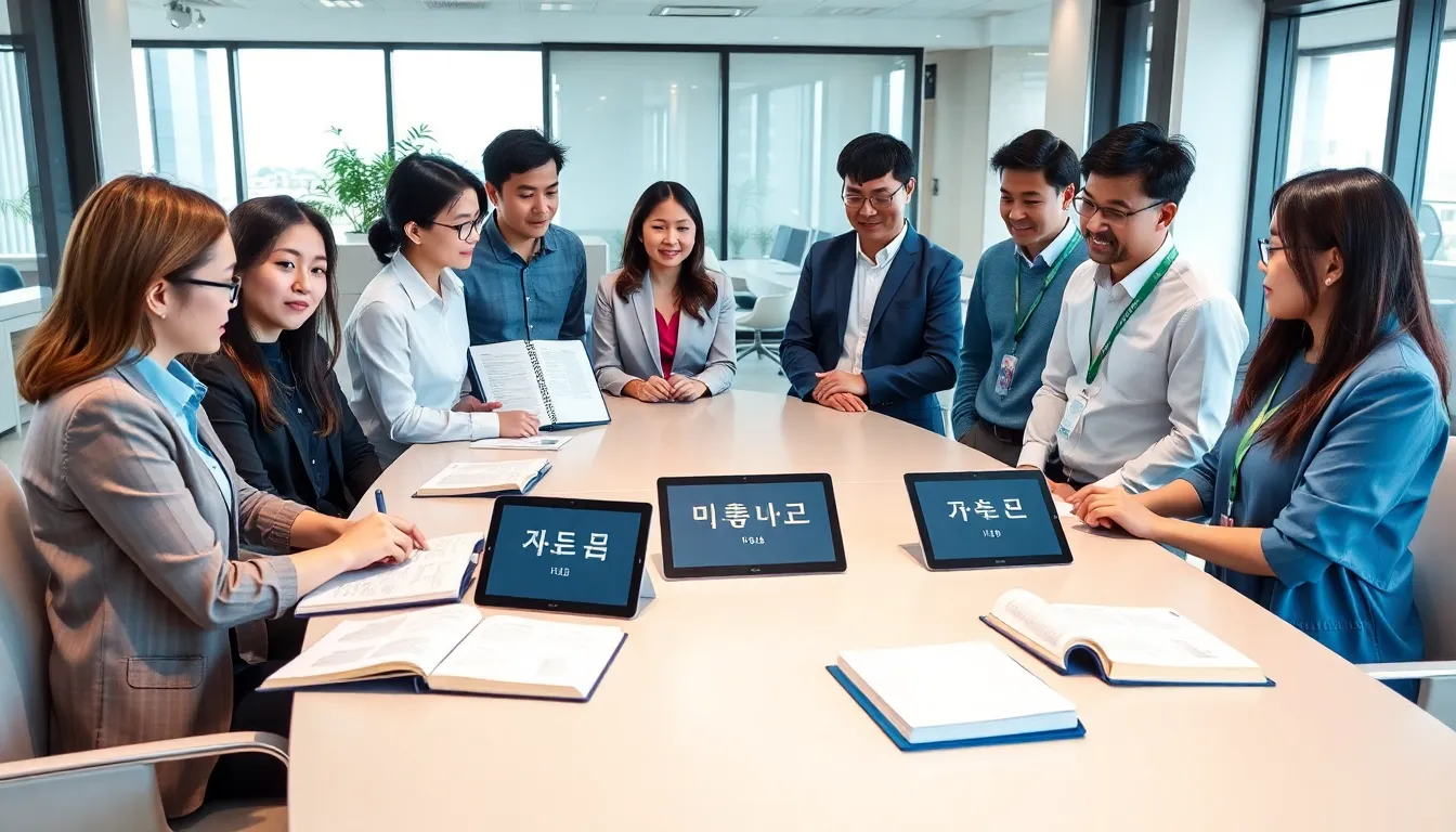 linguists discussing Korean phonetics in a modern conference room.