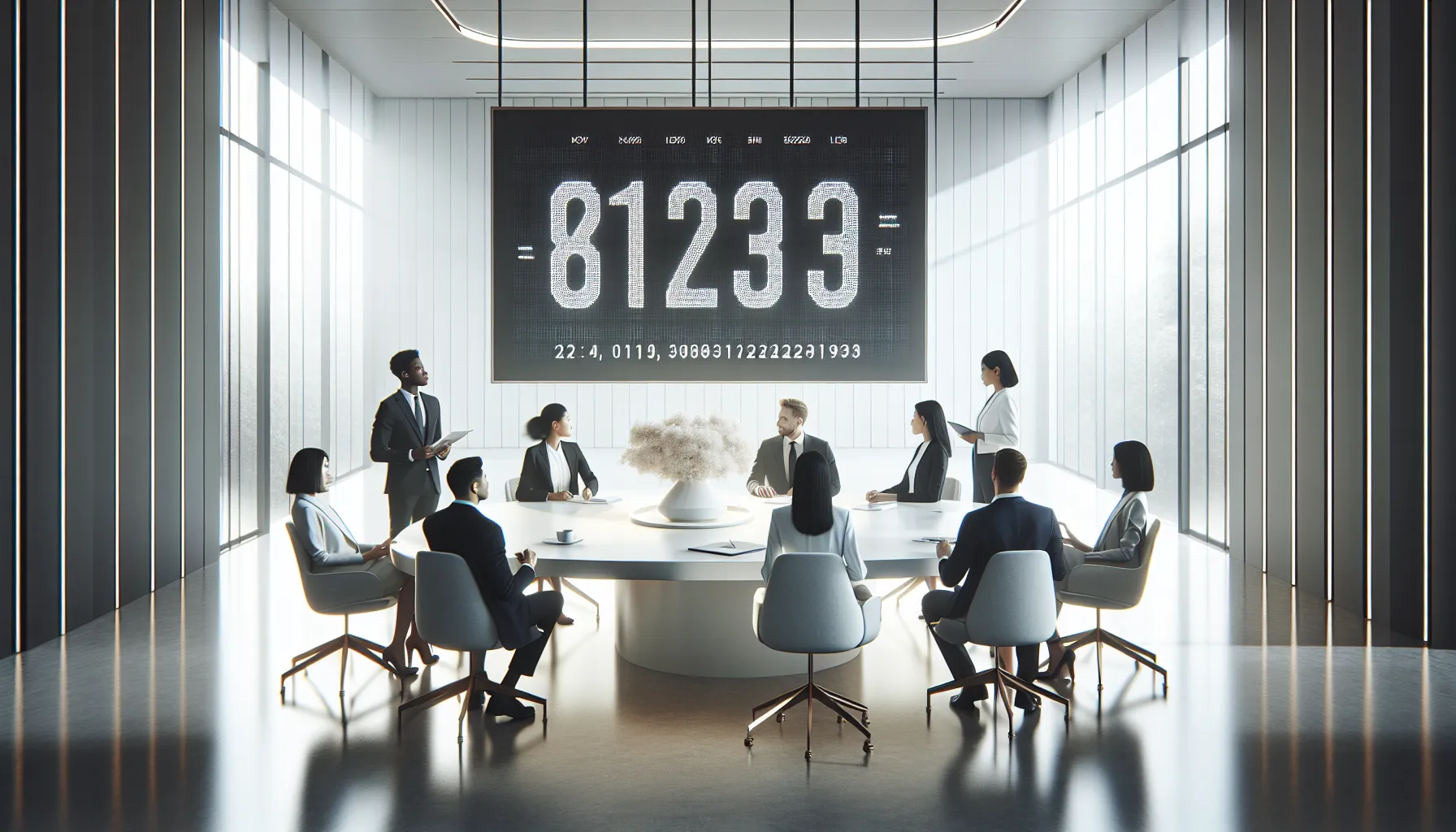 diverse team discussing data in a modern office setting.