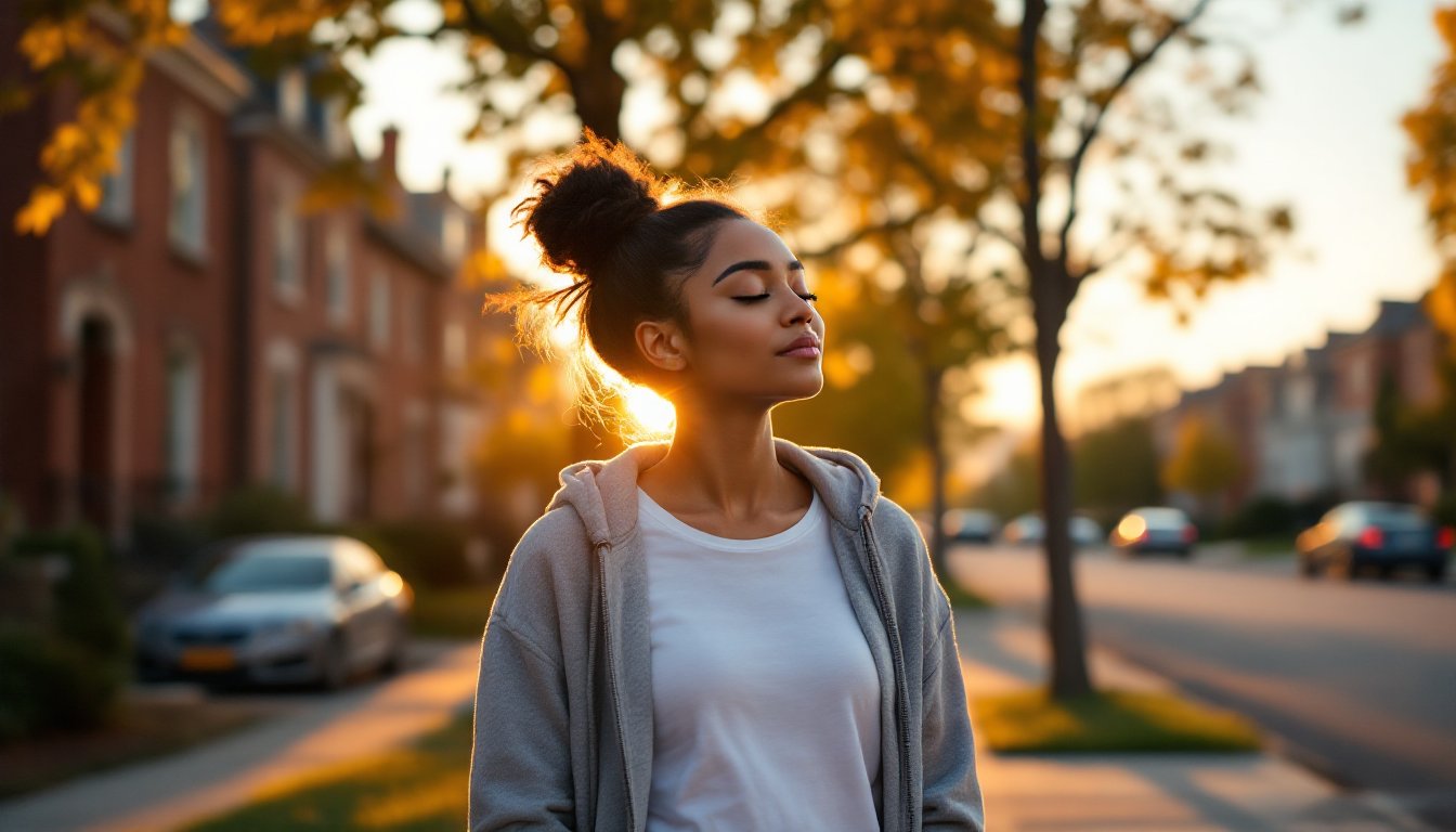 Woman standing outside in morning sunlight without sunglasses after traveling.