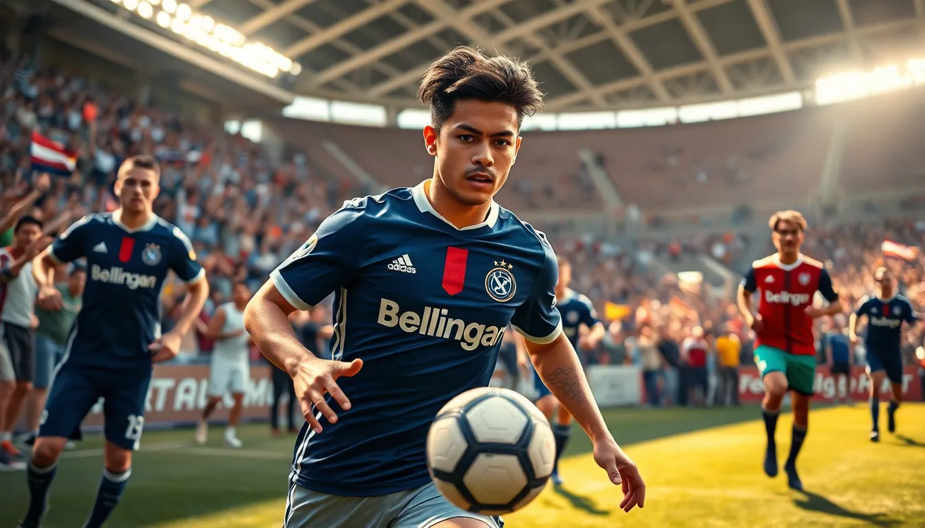 A young football player dribbling the ball in a lively stadium atmosphere.