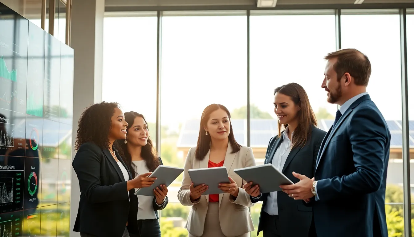 professionals discussing advanced energy management technology in a bright facility.