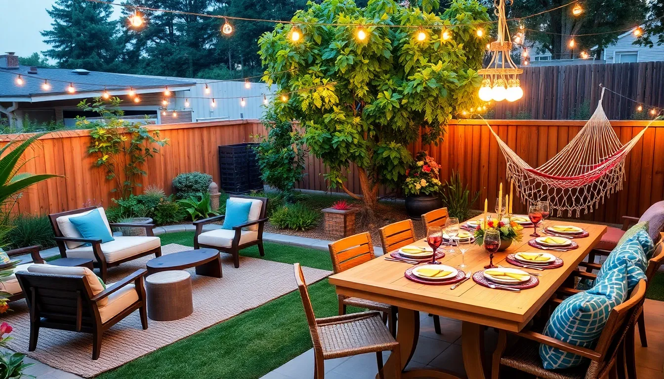 a stylish backyard with conversation and dining areas for entertaining.