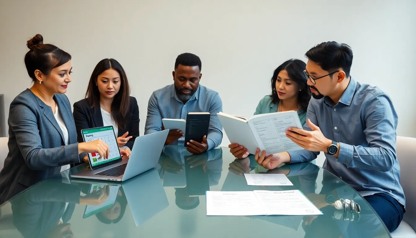 diverse team discussing grocery budgeting at a modern office table.