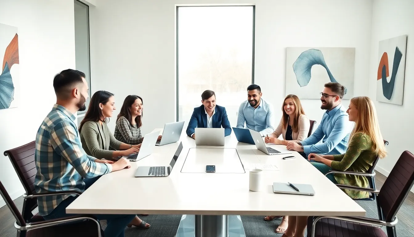 diverse professionals collaborating in a modern office setting.