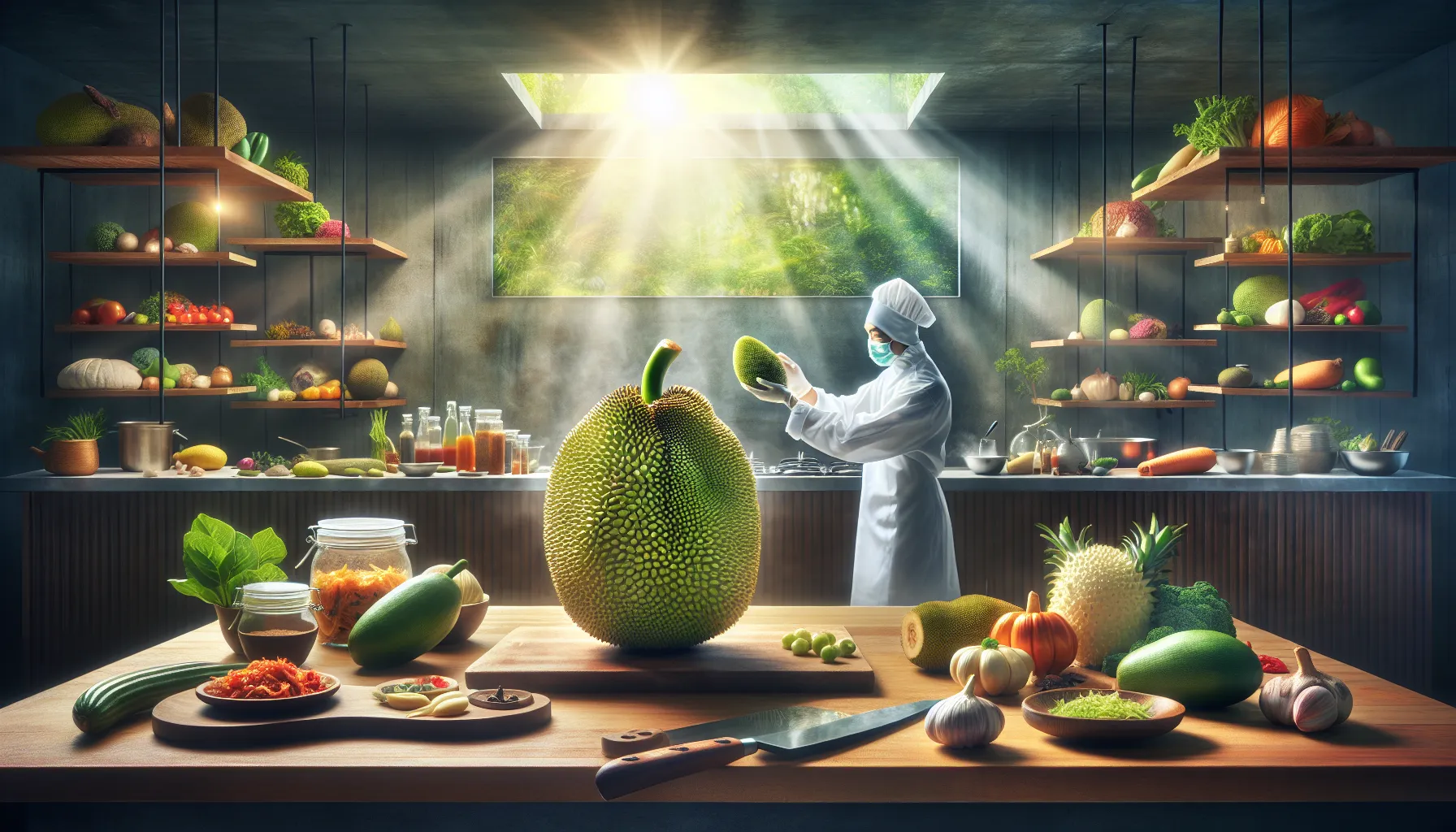 a whole jackfruit in a modern kitchen setting with fresh ingredients.