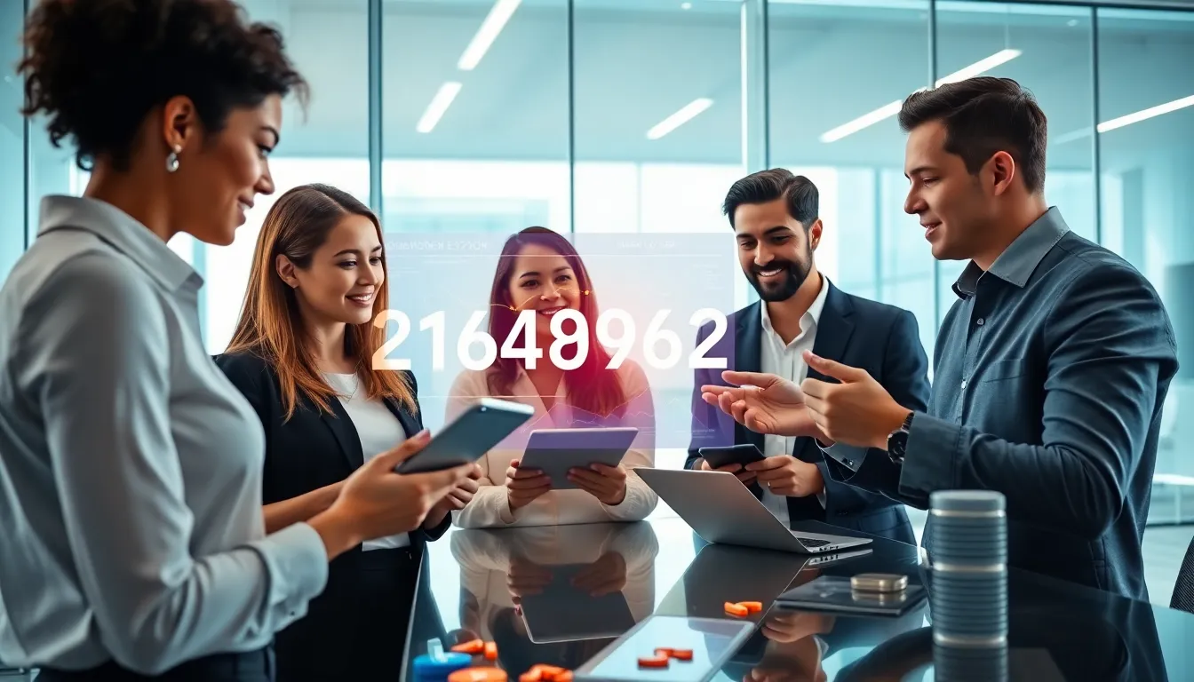 professionals discussing data in a modern office with digital displays.