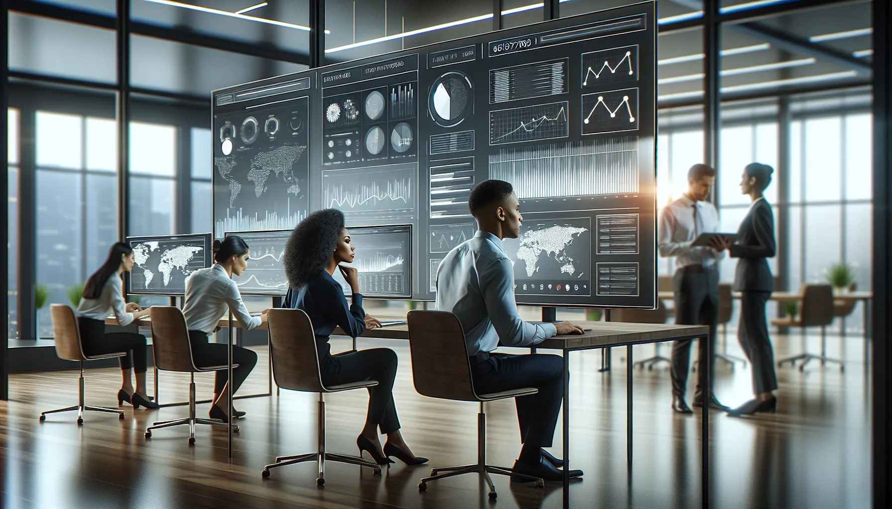professionals analyzing data trends in a modern office.