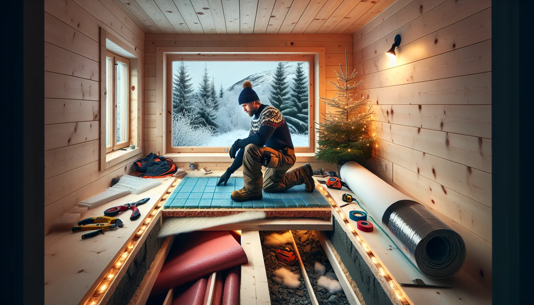 Carpenter installing xps, eps, and cork underlay to warm a norwegian cabin.