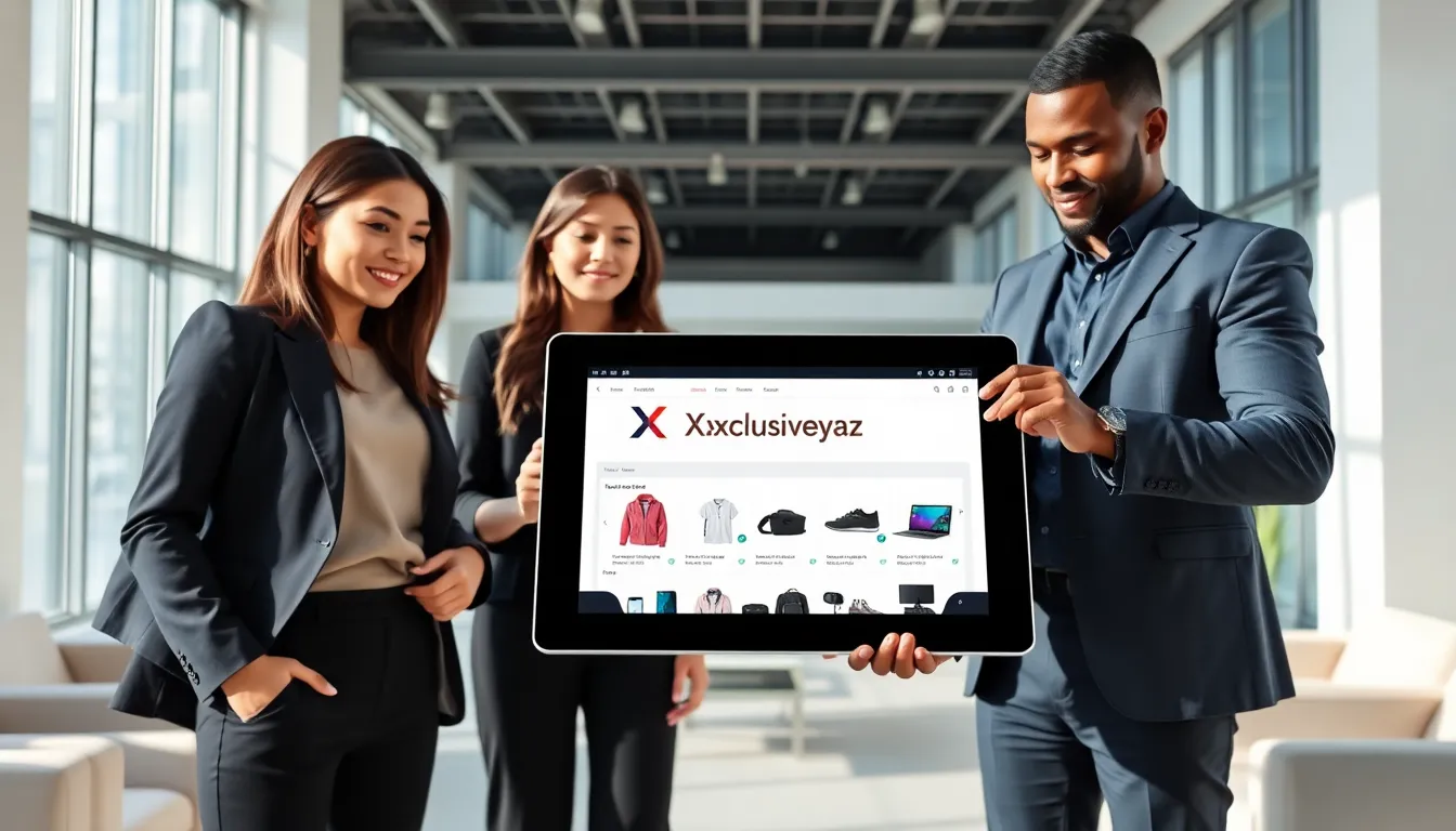 a diverse group using a modern shopping platform on a tablet.