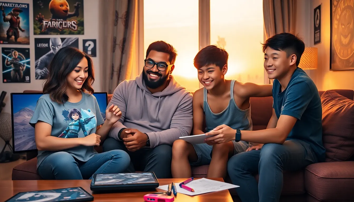 a group of gamers creating content on ImagineerGames in a cozy living room.