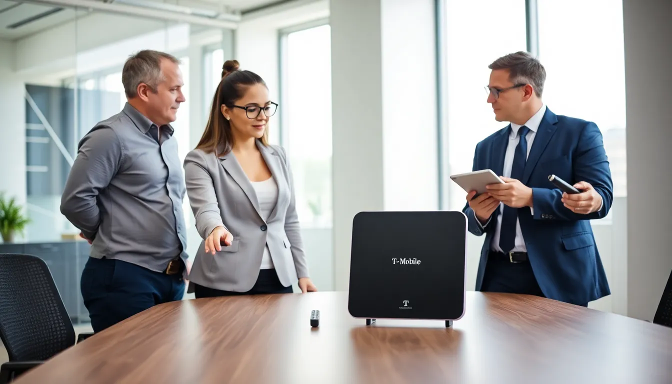 Professionals discussing a T-Mobile cell phone booster in a modern office.