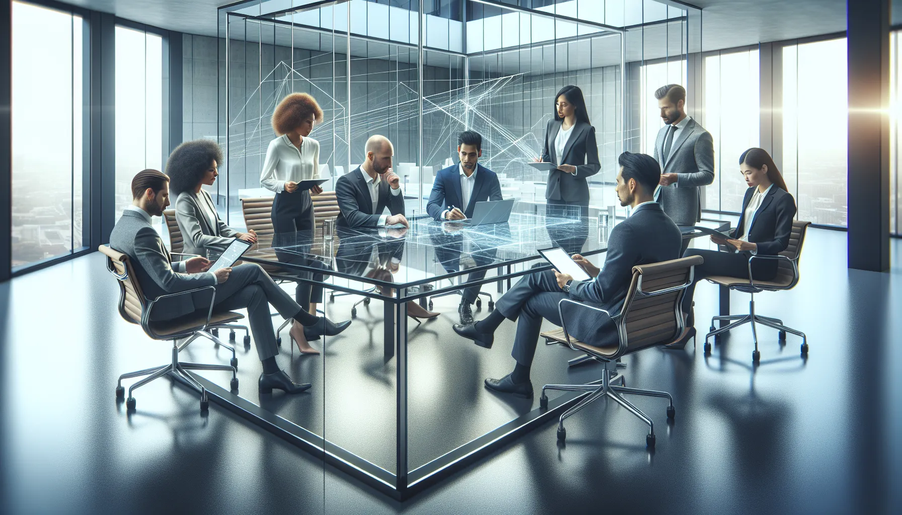 diverse team collaborating in a modern office on future tech developments.