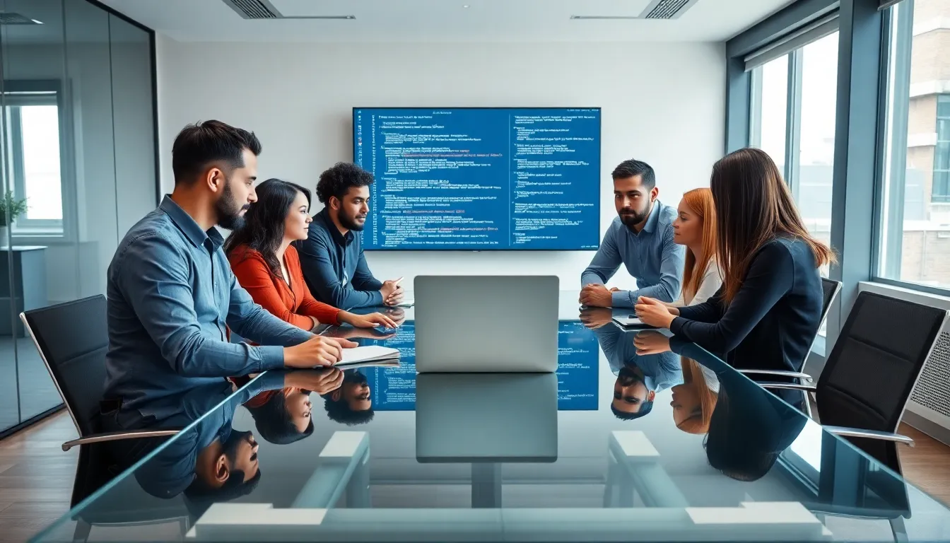 diverse team collaborating on PHP software development in a modern office.
