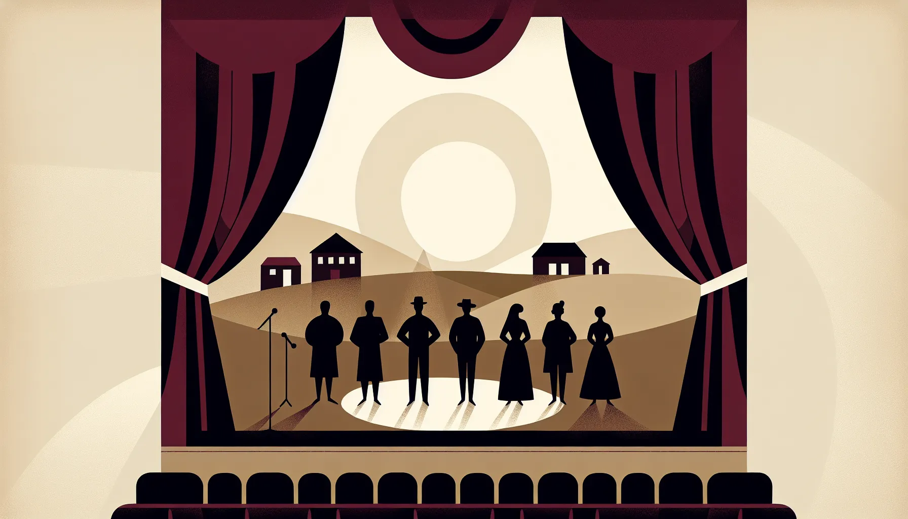 Simple theater stage with village performers in spotlight, minimal countryside backdrop.
