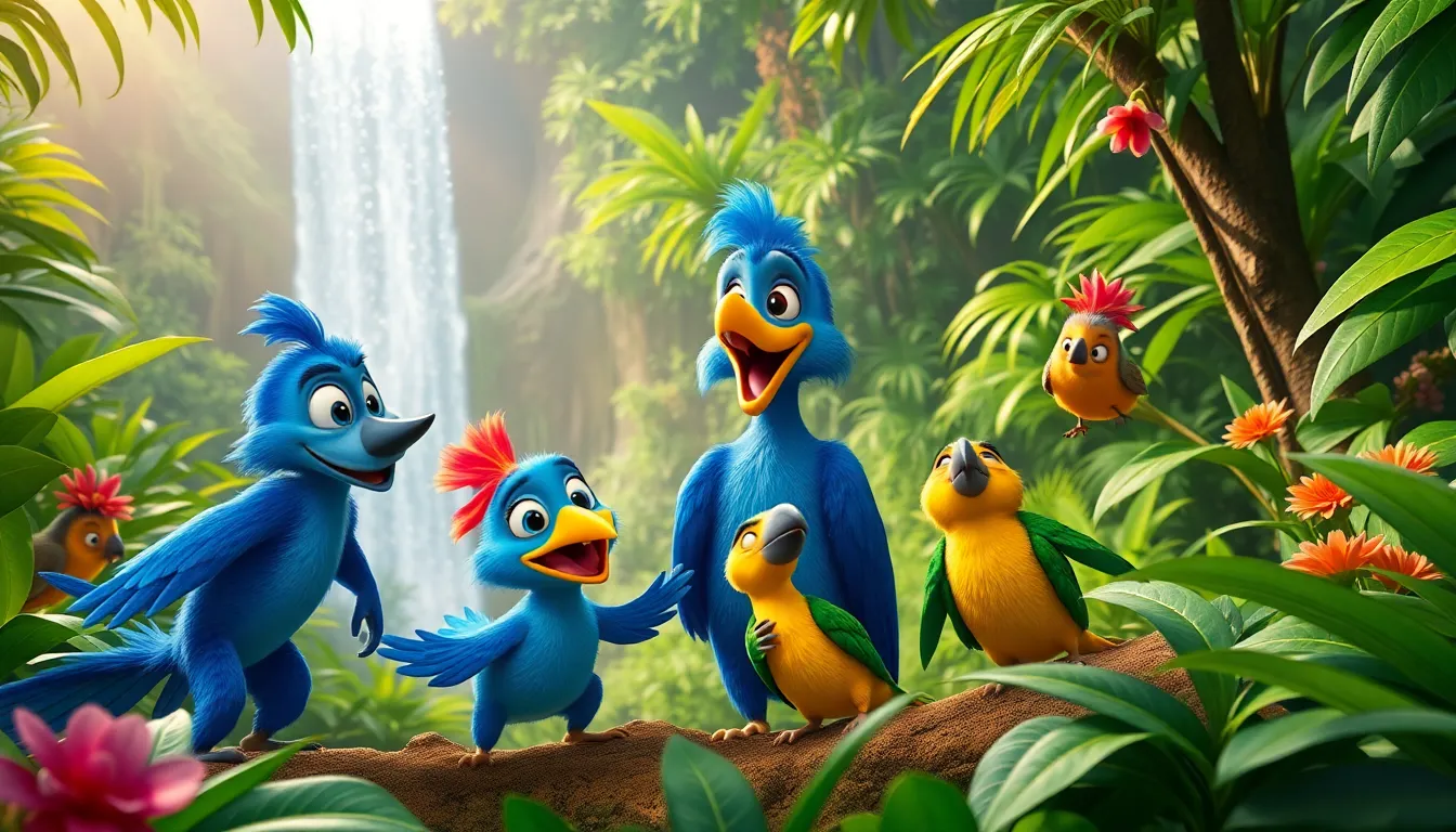 Animated family of birds in a lush Amazon rainforest.