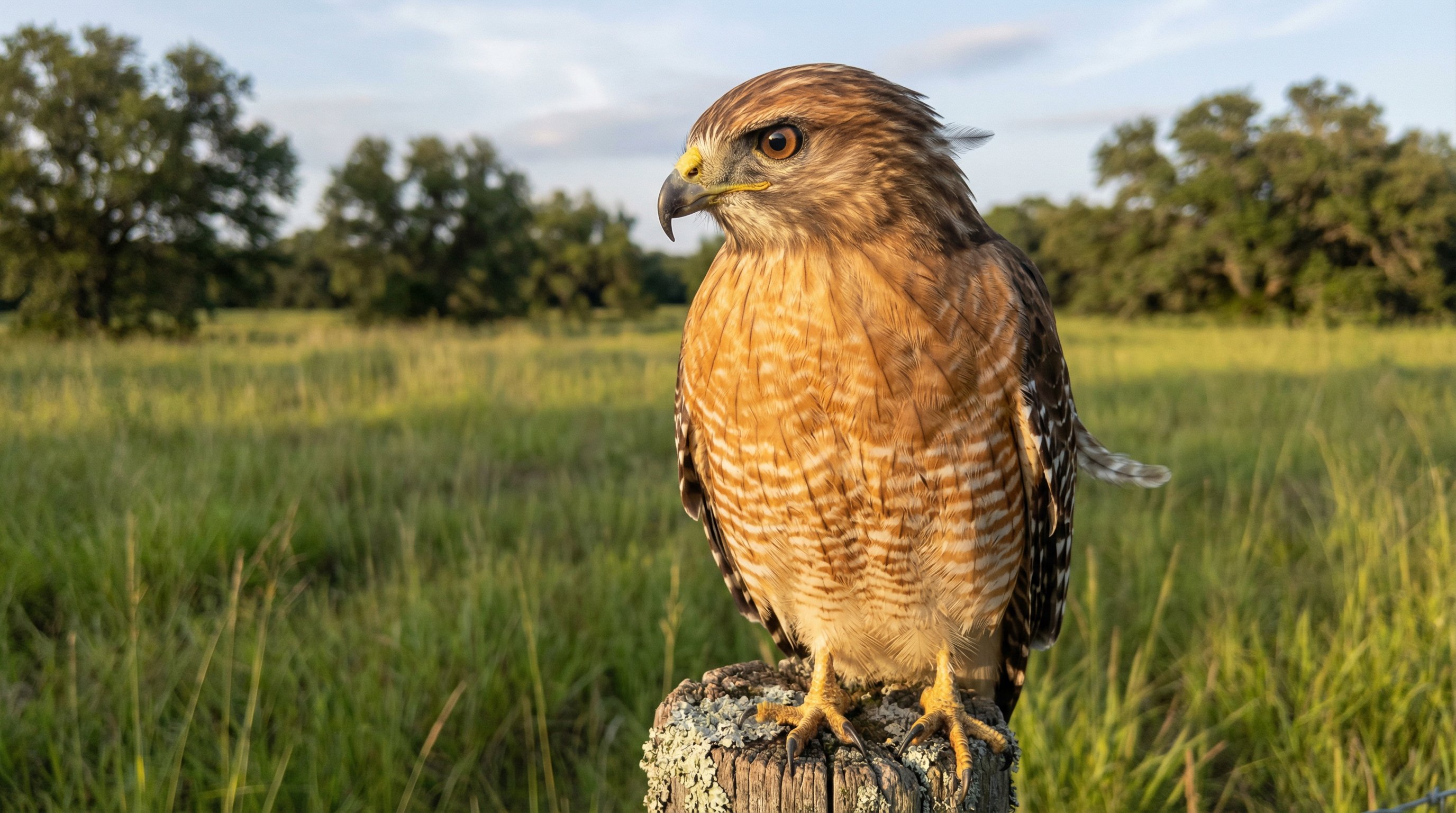 Close-up portrait of a red-shouldered hawk perched on a fence post at golden hour.