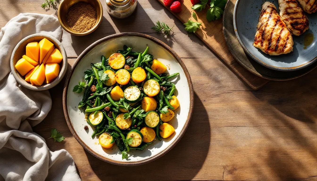 Overhead view of a table with separate plates of fruit, vegetables, and protein.