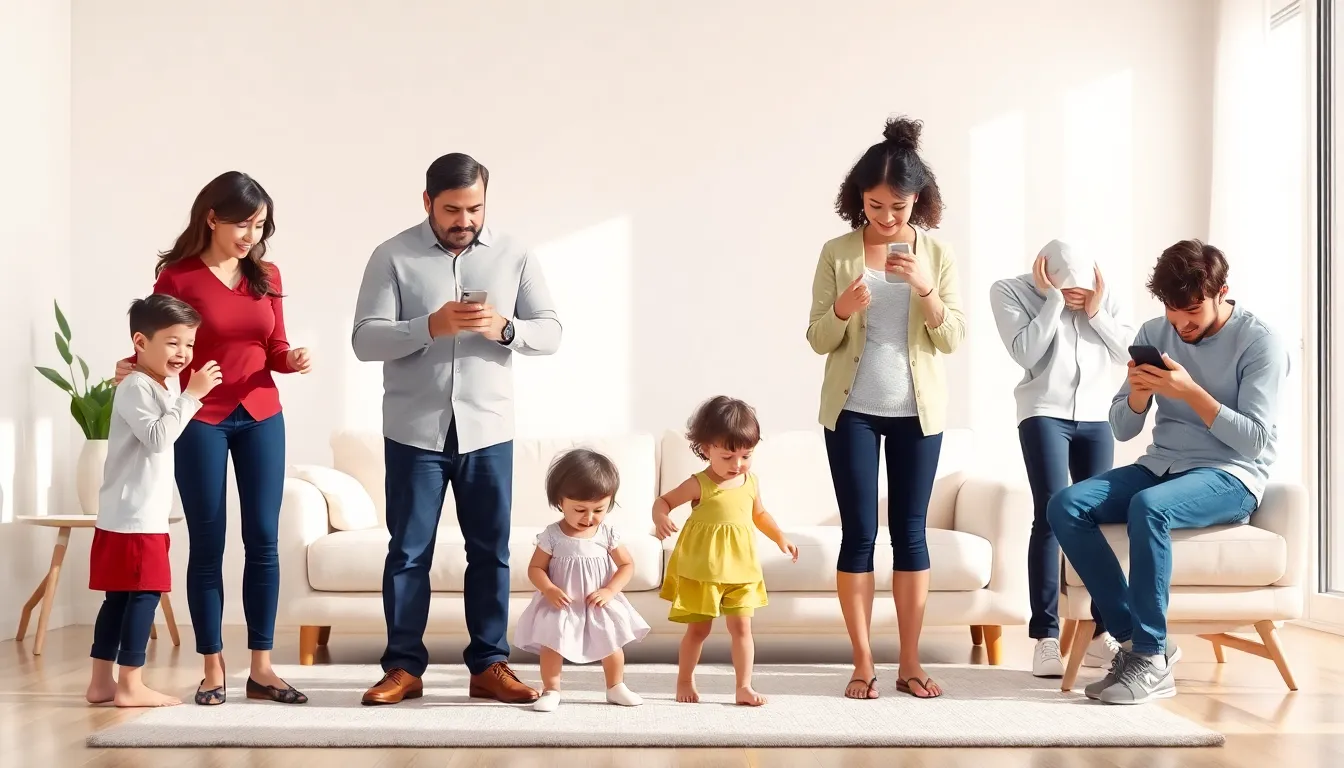four parents displaying different parenting styles in a modern living room.