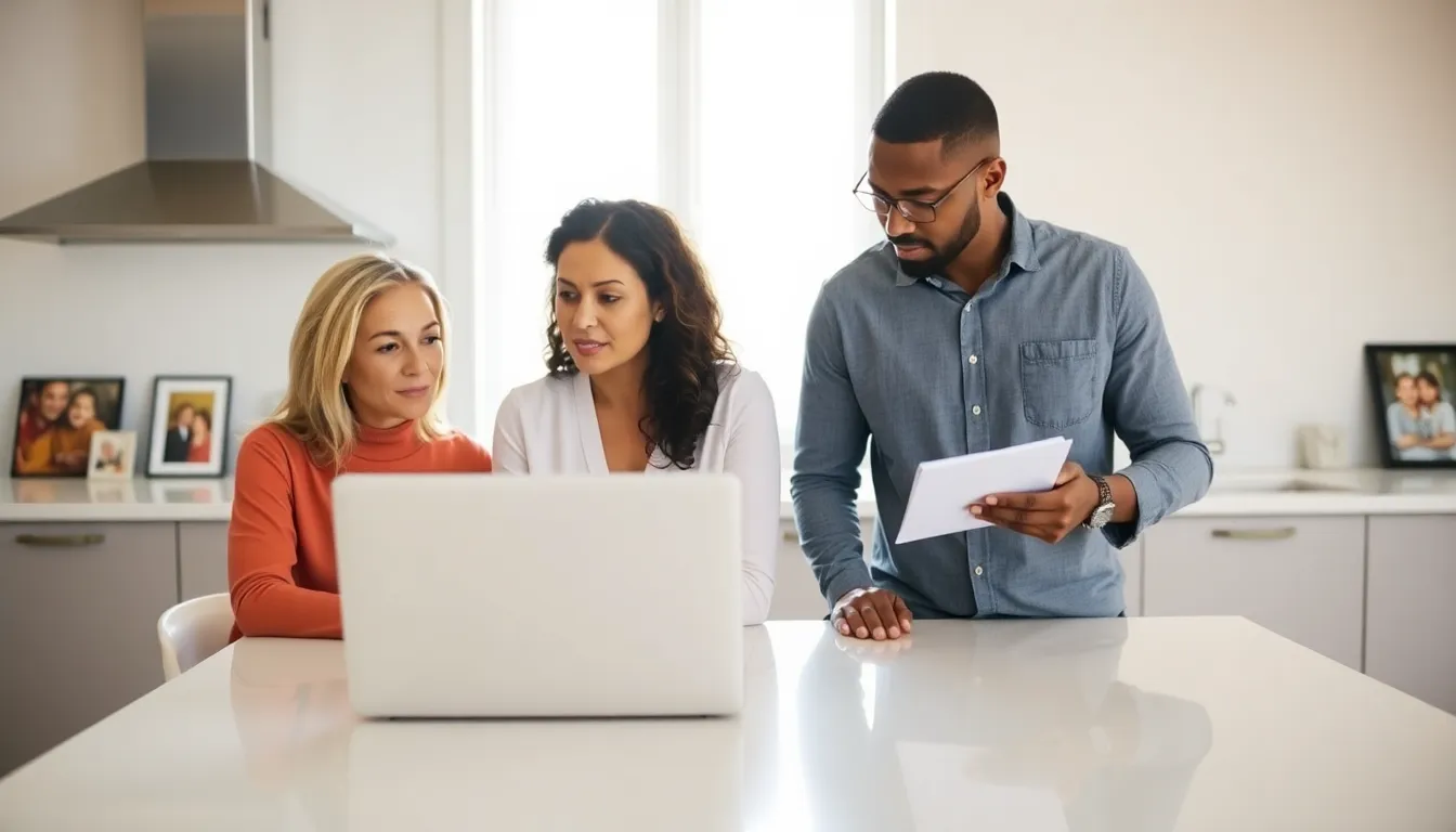 diverse parents collaborating in a modern kitchen for co-parenting.
