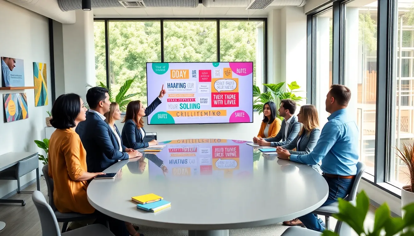 diverse professionals discussing motivational quotes in a bright office.