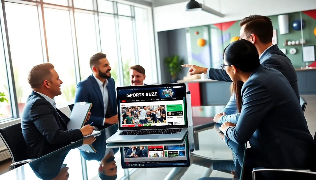 team discussing sports news with Latest Sports Buzz displayed on a laptop.