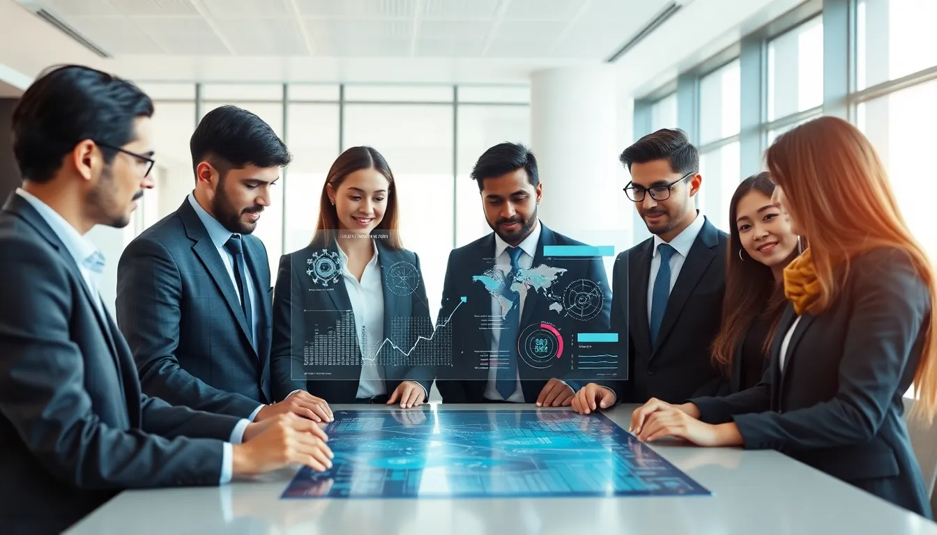 diverse professionals collaborating in a modern office around a digital dashboard.